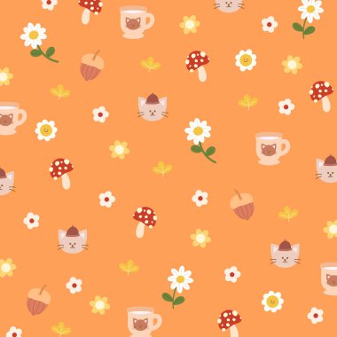 Sonbahar turuncu arka plan, duvar kağıdı, afiş, reklam şablonu, arkaplan, çerçeve, kumaş baskısı, sosyal medya, poster, kart, hediye paketi, giysi, gömlek, kedi çizgi film karakterli çocuk deseni, ceviz, mantar, sıcak içecek ve sonbahar çiçeği