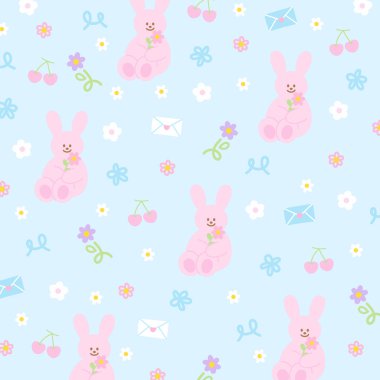 Pembe tavşan, çiçekler, kiraz, şirin paskalya duvar kağıdı, tavşan, hayvan, hayvanat bahçesi arkaplanı, hayvan, şablon, hediye paketi, çocuk kumaşı baskısı, afiş, sosyal medya posteri, poster, kartpostal, piknik, doğa