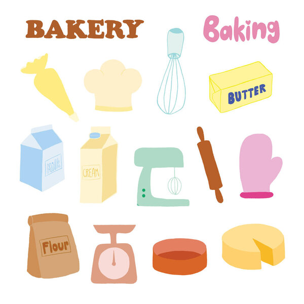 Hand drawn baking elements including butter, whisk, milk box, cream box, glove, flour, chef hat for cook book, icons, cafe, restaurant, sweet dessert, cupcake, croissant, baking, breakfast, menu, recipe, bakery, pastry, grocery shopping, supermarket