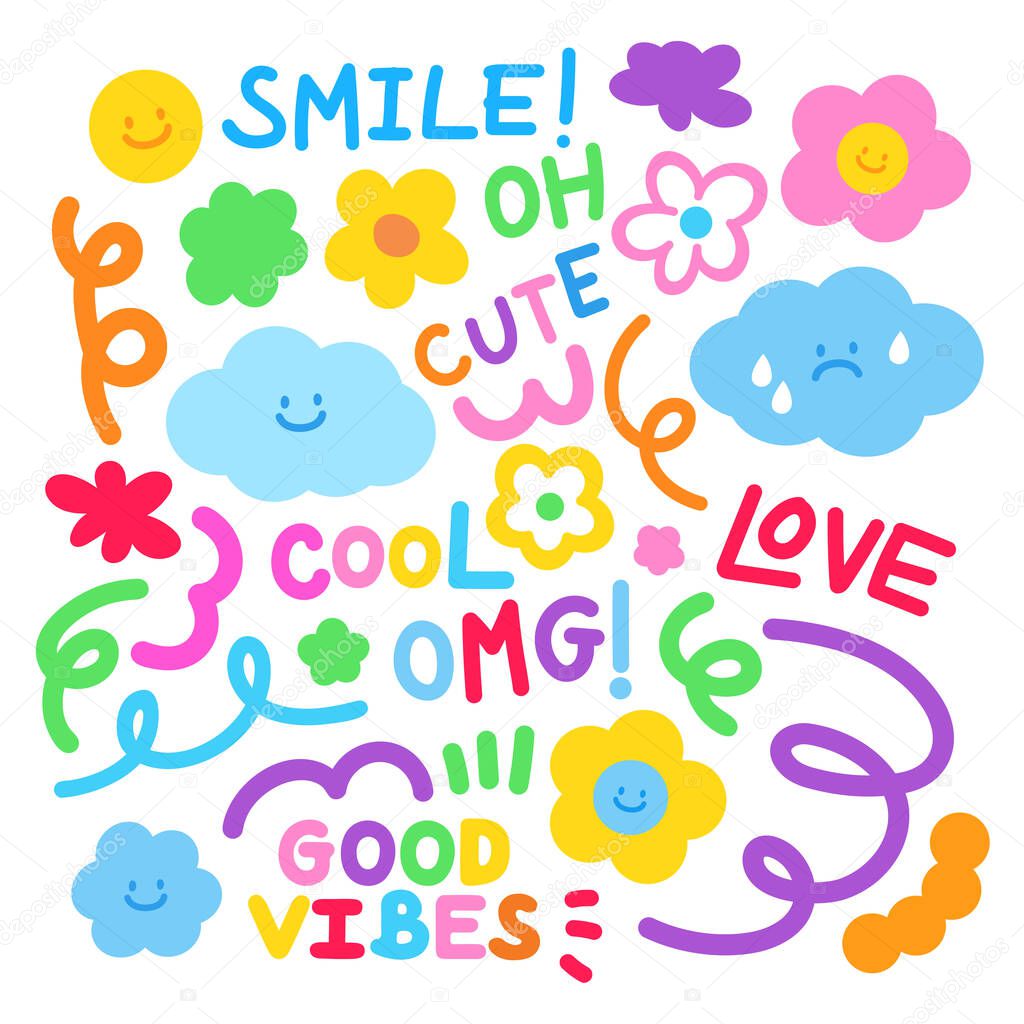 Colourful, happy and cute elements of smile faces, cloud, good vibe text, flowers, rainbow, abstract doodles for sticker, logo, decoration, nature, garden, print, summer icon, cute patches, picnic, brooch, cartoon, character, plush toy, kid pattern