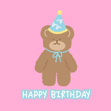 Doğum günü partisi, veteriner, hayvan çıkartması, karikatür, karakter, logo, ikon, baskı, kart, çocuk, oyuncak, bebek, duvar kağıdı, arkaplan, poster, kartpostal için pembe arka planda oyuncak ayı, parti şapkası ve mutlu doğum günü mektuplarının vektör çizimi