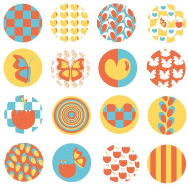 Piknik, bahar, yaz unsurları, broş, sevimli yamalar, kıyafet, baskı, kart, doğa, bahçe için kelebek, kalp ve çiçeklerin vektör çizimi