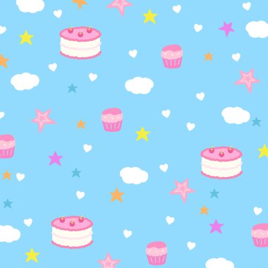 Doğum günü partisi, duvar kâğıdı, tatlı tatlı tatlı, kafe, menü, fon, reklam şablonu, kumaş baskısı, giysiler, moda, tekstil, rüya deseni, kart baskısı, hediye paketi için pastel mavi arka plan üzerinde vektör çizimi