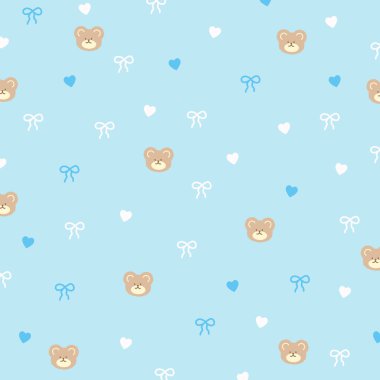 Karikatür duvar kâğıdı, hayvanat bahçesi, bahar, yaz, fon, reklam şablonu, kumaş baskısı, çocuk kıyafetleri, moda, tekstil, hayvan deseni, doğa, bahçe, kart baskısı, hediye paketi için mavi arka plandaki oyuncak ayı, kurdele ve kalbin vektör çizimi