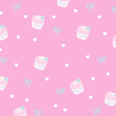 Pastanın vektör çizimi, mavi kurdele ve kalp pastel pembe arka plan üzerinde doğum günü partisi için, duvar kağıdı, tatlı tatlı tatlı, kafe, fon, kumaş baskısı, hediye paketi, yemek kitabı kapağı, çocuk kıyafetleri, tekstil, giysi, pembe desen