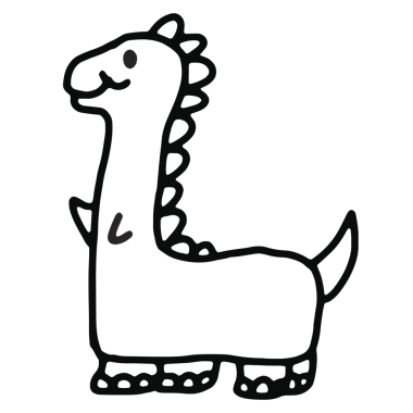 Hayvan, çizgi film karakteri, komik, maskot, siyah ve beyaz çıkartmalar, dekorasyon, dövme, baskı, kumaş baskısı, giysi, doğa, logo, ikon, oyuncak, bebek, boyama kitabı için el çizimi dinozor taslağı