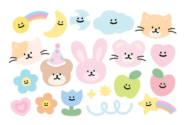 Pastel Illustration Teddy Bear Cat Bunny Flower Cloud Moon Rainbow — ストックベクタ