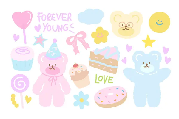 Happy Birthday Illustratie Met Teddybeer Feestmuts Cupcake Cake Snoep Donut — Stockvector