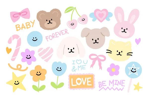 Pastel Illustration Teddy Bear Puppy Cat Bunny Pink Ribbon Cherry — ストックベクタ
