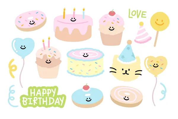 Happy Birthday Illustration Mit Katze Partyhut Cupcake Kuchen Herzballon Kerzen — Stockvektor