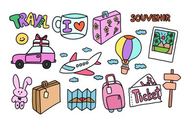 El çizimi valiz, çanta, hatıra, araba, polaroid, balon, harita, uçak, kupa, tavşan bebek seyahat, seyahat, tatil, tatil, tatil, tatil, çıkartma, logo, ikon, kartpostal, şirin yamalar, peluş oyuncak, oyuncak, oyuncak, çizgi film karakteri, çizgi roman, reklam,