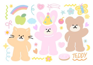 Pastel cat, teddy bear, bunny, heart, flower, butterfly, donut, apple, cherry, rainbow for animal sticker, vet, brooch, cute patches, cartoon character, mascot, plush toy, kid doll, sweet dessert, fruit, standee, shirt print, zoo, souvenir shop clipart