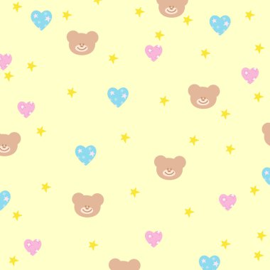 Oyuncak ayı, kalp, pastel sarısı arka planda yıldız şirin duvar kağıdı, arkaplan, kumaş, hediye paketi, kağıt tasarımı, kalıp, piknik battaniyesi, yorgan, çocuk kıyafetleri, pijama, hayvan baskısı, reklamlar için.