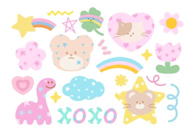 Ayı, kedi, dinozor, kalp, yonca yaprağı, yıldız, çiçek, karikatür, karakter, çizgi roman, maskot, sevimli yamalar, peluş oyuncak, oyuncak, mutlu emoji, hayvan baskısı, ikon, şirin çıkartma seti, hayvanat bahçesi, hediyelik eşya dükkanı, standee, Gurur Ayı