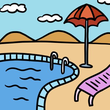 El yapımı yüzme havuzu, kum, plaj sandalyesi, şemsiye, dağ, bahar ve yaz tatillerinde mavi gökyüzü, tatil, hafta sonları, otel, arka plan, duvar kağıdı, poster, kartpostal, seyahat, tatil, sahil havası, hediyelik eşya dükkanı, ada, tatil beldesi