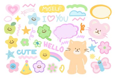 Oyuncak ayı, kedi, yonca yaprağı, yıldız, çiçek, elma, tebrik kartı için kelebek, dekorasyon, hayvanlar, şirin çıkartma seti, çizgi film karakteri, yamalar, oyuncak bebek, peluş oyuncak, evcil hayvan dükkanı, meyve, çizgi film logosu, rozet, bahar tatili, yaz tatili