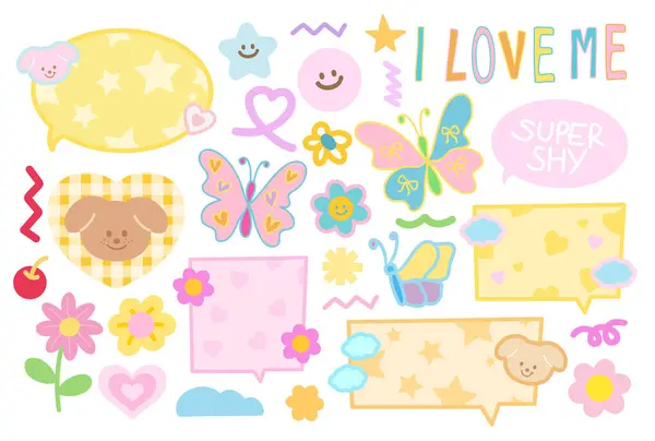 stock vector Pastel illustrations of butterfly, puppy, cherry, flowers, heart, star, SUPER SHY letters, text bubbles for animal, pet shop, pet hotel, summer break, floral print, back to school, blossom elements, cartoon, character, picnic, cute patch, stickers