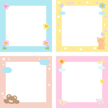 Oyuncak ayı, kedi, çiçek, kelebek, yıldız, polaroid fotoğraf için bulut, kare reklam şablonu, sosyal medya postası, dekorasyon, not defteri, not defteri, not defteri, hayvan baskısı, bahar, yaz, kağıt, kart baskısı, arkaplan, duvar kağıdı,