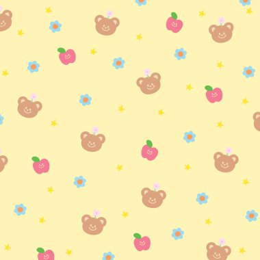 Oyuncak ayının şirin deseni, çiçekler, pastel sarısı arka plan hayvan baskısı, duvar kağıdı, arkaplan, hediye paketi, paketleme, hayvanat bahçesi, hediyelik eşya dükkanı, çocuk kumaşı, hayvan kıyafetleri, kağıt tasarımı, tekstil, kart, pijama, yorgan, piknik örtüsü, telefon kılıfı.