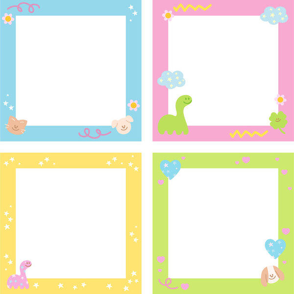 Симпатичная рамка с динозаврами, щенком, котом для мультфильма на заднем плане, обоями, бэкропом, полиэтиленовой рамкой, фотокарточкой, баннером, квадратной рекламой, принтом, животным, домашним питомцем, памяткой, стикером, книжной обложкой, бумажным дизайном, блокнотами, комиксами, зоопарком, сувенирным магазином