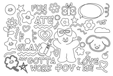 Cute outlines of puppy, clover leaf, star, flower, heart, butterfly, girl power text and message for animals, emoji, sticker, cartoon character, patch, kid colouring book, art, painting, tattoo, zoo, colouring page, sketch, spring, summer clipart