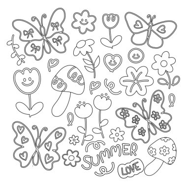 Sevimli bahar ve yaz çizgileri, kelebek, çiçekler, mantar, ahşap, bahçe, çiçek deseni, çiçek, çiçek, hayvan, orman, yama, çıkartma, piknik, park, bahçe, çocuk boyama kitabı, sanat, boyama sayfası, çizim, dövme, bahar, yaz