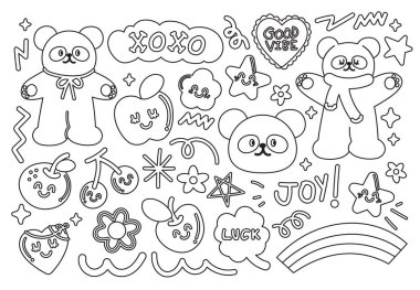 Mutlu panda, gökkuşağı, elma, portakal, kiraz, kalp, yıldız, yonca yaprağı, hayvan, hayvanat bahçesi, hatıra, çıkartma, çizgi film karakteri, maskot, neşeli kış, çocuk boyama kitabı, boyama sayfası, çizim, resim, resim, resim.