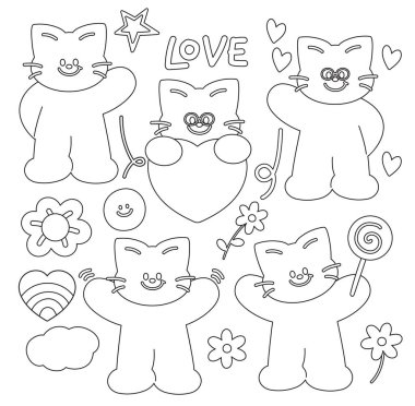 Outline of cat, heart, flower, star, lollipop candy, LOVE letters for kid colouring book, art, painting, sketch, kitten cartoon, character, comic, mascot, pet shop, vet, standee, adopt and rescue pet, foster home, shelter, cat body shape, standee clipart