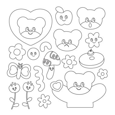 Oyuncak ayı, elma, kelebek, çiçek, mantar, karikatür karakteri için kalp, çizgi roman, maskot, hayvan baskısı, hayvanat bahçesi, piknik, bahar, yaz, doğa, bahçe, çocuk boyama kitabı, resim, çizim, dövme, logo, ikon, oyuncak ayı ifadesi