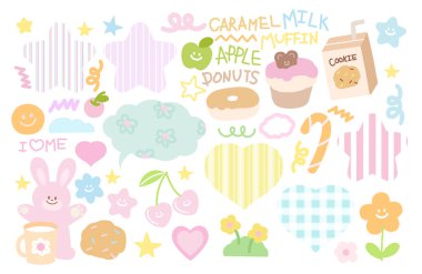 Tavşan, kiraz, kalp, şeker kamışı, yıldızlar, elma, çörek, kek, süt, içecek, tatlı tatlı tatlı için çiçekler, kafe, menü, fırın, pasta, mutlu Paskalya, evcil hayvan dükkanı, etiket, hayvan, meyve, market, süpermarket, şirin kız unsurları