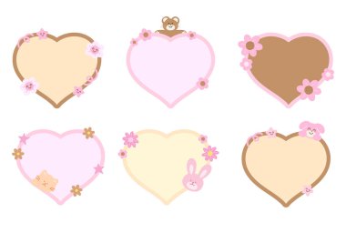 Kedi, oyuncak ayı, tavşan, köpek yavrusu isim etiketi, metin balonu, çıkartma, hayvan baskısı, not defteri, çikolata günü, tatlı, sevgililer günü kartı, kız işi şeyler, şirin elementler için kalbi boş alan çiçekler.