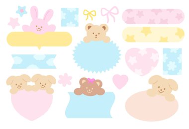 Oyuncak ayı, tavşan, kalp, karikatür karakterleri için kurdele, çizgi roman, metin balonları, evcil hayvan dükkanı, hayvanat bahçesi, hediyelik eşya dükkanı, hayvan, metin, mesaj, sohbet, diyalog, çıkartmalar, Sevgililer Günü, mutlu Paskalya, okula dönüş, isim etiketi, desen