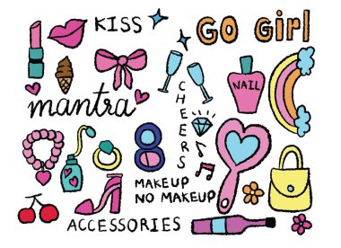 El çizimi mantra harfler, ruj, toz, ayna, tırnak cilası, şampanya bardakları, parfüm, bilezik, yüksek topuklu ayakkabı, çanta, pembe kurdele, dudak, gökkuşağı, yüzük, yüzük, elmas, müzik