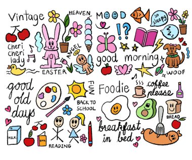 Tavşan, köpek, ördek, balık, kiraz, avokado, kızarmış yumurta, elma, ekmek, sıcak kahve, sosis, süt kutusu, çocuklar, suluboya, boya fırçası, kalem, kitap, çiçekler, kalp, melek