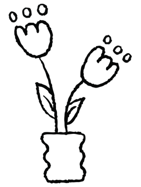 Çocuk boyama kitabı, bitki, ağaç, çizgi film karakteri, çiçek deseni, doğa, bahçe, yama, yapıştırma, çiçek, çiçek, çiçek, yaz, ev bahçesi için çiçek saksısına lallı lale çizilmiş.