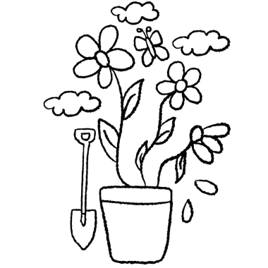 Çiçek saksısına, küreğe, kelebeğe, çocuk boyama kitabına, sanata, çizime, boyaya, bitkilere, ağaca, doğaya, bahçeye, çiçeğe, çiçeklenmeye, bahara, yazlığa, bahçeye, bahçeye