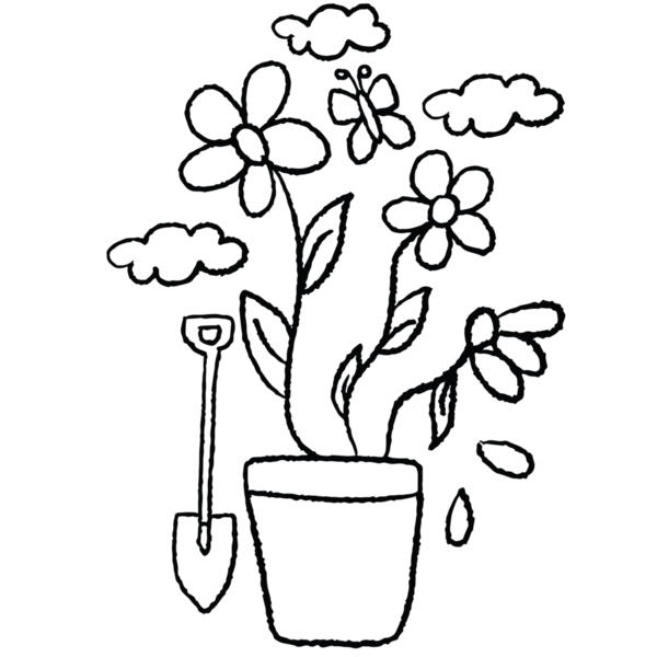 Çiçek saksısına, küreğe, kelebeğe, çocuk boyama kitabına, sanata, çizime, boyaya, bitkilere, ağaca, doğaya, bahçeye, çiçeğe, çiçeklenmeye, bahara, yazlığa, bahçeye, bahçeye