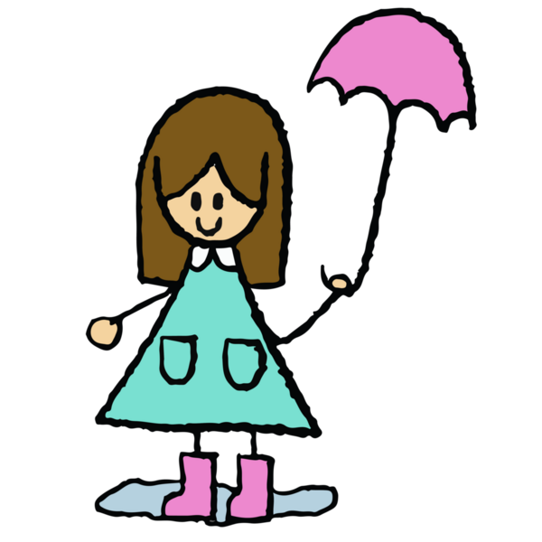 Elle çizilmiş resimde şemsiye tutan ve yağmur mevsimi için bot giyen mutlu kız çizmeleri, okula geri dönen öğrenciler, çocuklar, çocuklar, çocuklar, insanlar, insanlar, çıkartmalar, oyun alanı, aile üyeleri