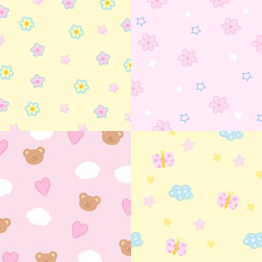Dört adet pastel arka plan dizaynı kelebek, çiçek, oyuncak ayı, kalp, duvar kağıdı için bulut, arka plan, reklam şablonu, çerçeve, kağıt tasarımı, sosyal medya postası, poster, yapışkan not defteri,