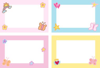 Pastel çerçeve seti kelebek, çiçekler, dekorasyon için kalp, polaroid fotoğraf, dikdörtgen reklam şablonu, sosyal medya postası, afiş, not defteri, yapışkan not, not defteri, kağıt tasarımı, baskı, poster, ambalaj