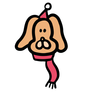 Noel ve yeni yıl şenliği için parti şapkası ve kırmızı eşarp takan köpek yavrusu, köpek çizgi filmi, karakter, maskot, hayvanlar, hayvan dükkanı, veteriner, çıkartma, kutlama, evlat edinme ve kurtarma hayvanı, koruyucu aile.