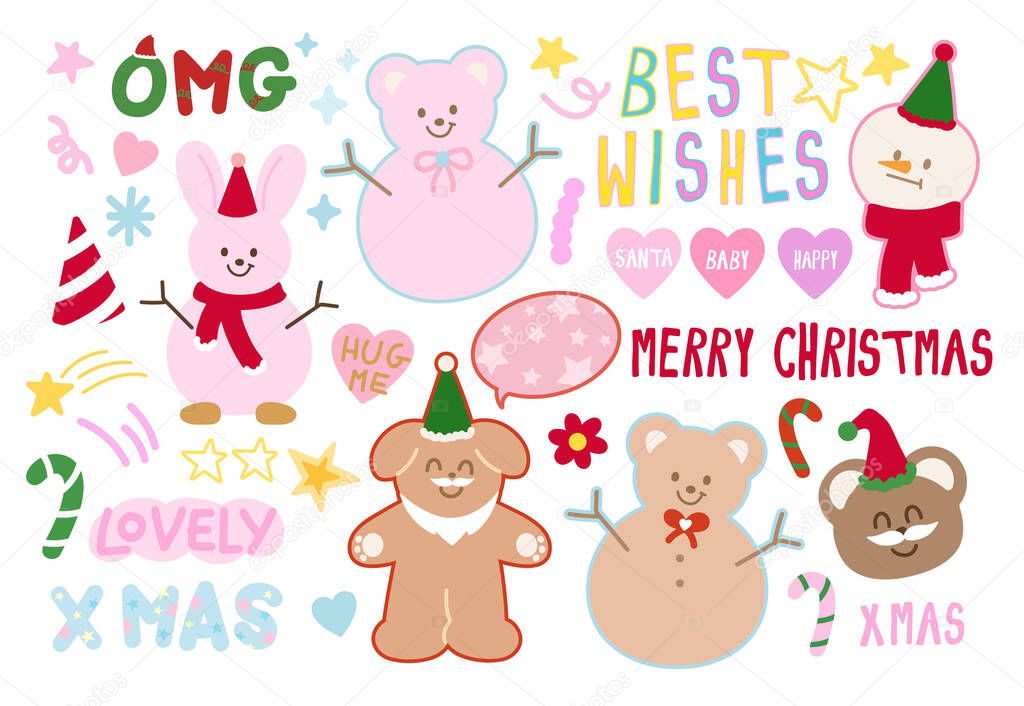 Cute Christmas illustrations of teddy bear as snowman, pink bunny, puppy as Santa Claus, snowman wearing red scarf and party hat, BEST WISHES letters, candy cane for festive winter elements, cartoon