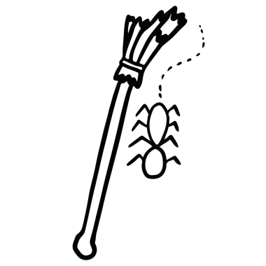 Cadı süpürgesi ve örümceğin el çizimi, süsleme, Cadılar Bayramı kostümü, çizgi film karakteri, çizgi roman, maskot, çıkartma, yama, broş, baskı, stant, şaka ya da şeker, çocuk boyama kitabı.