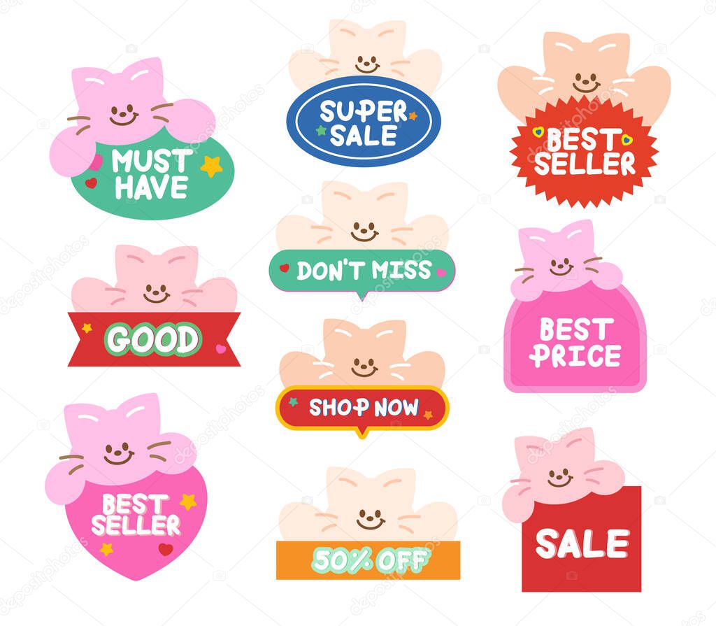 Cute cat sale icons such as super sale, best seller, shop now, best price for online shopping, promotion, sticker, banner, discount, web button, campaign badge, brochure, price tag, animal, pet shop
