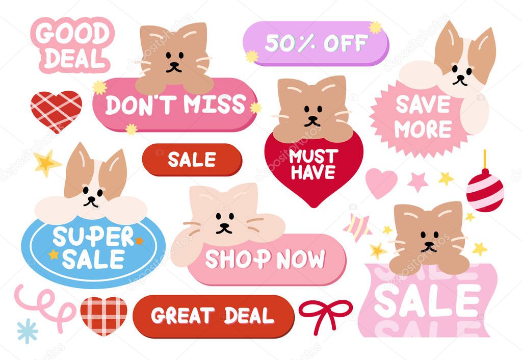 Cute Christmas sale icons with puppy and cat for online shopping, promotion, sticker, banner, special price, discount, web button, campaign badge, brochure, price tag, animal, pet shop, vet, winter ad
