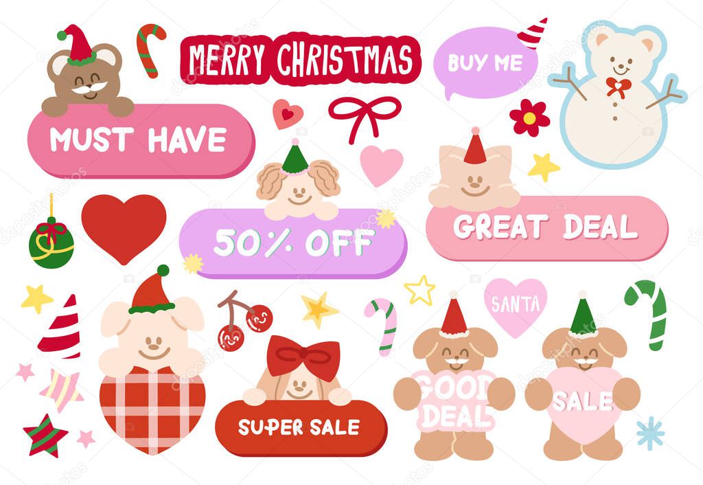 Cute Christmas sale icons such as must have, great deal, 50% off, super sale with teddy bear, puppy, cat for online shopping, promotion, sticker, banner, special price, discount, button, campaign, ads
