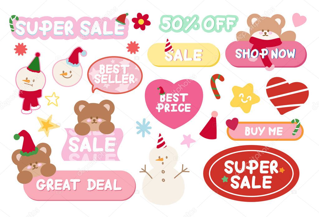 Cute Christmas sale icons such as 50% off, best seller, best price, super sale, great deal, shop now for online shopping, promotion, sticker, banner, special price, discount, button, campaign, ads