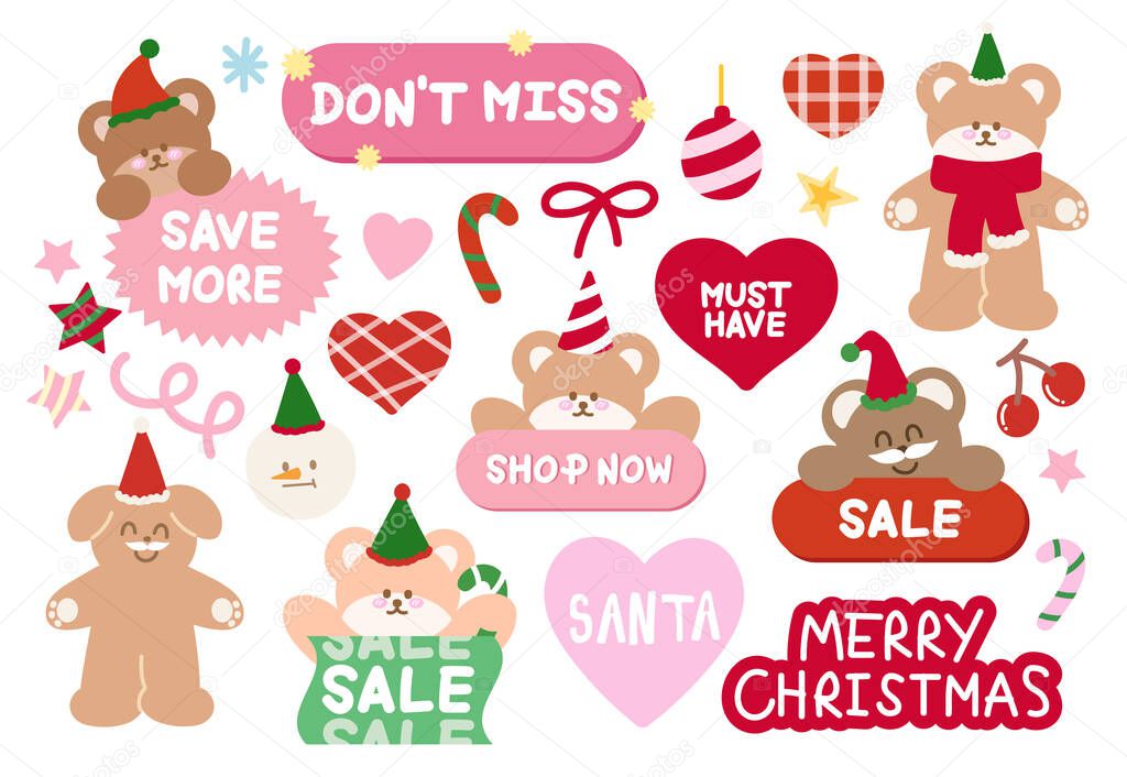 Cute Christmas sale icons such as don't miss, must have shop now, save more with teddy bear, puppy for online shopping, promotion, sticker, banner, special price, discount, button, campaign, ads, tags