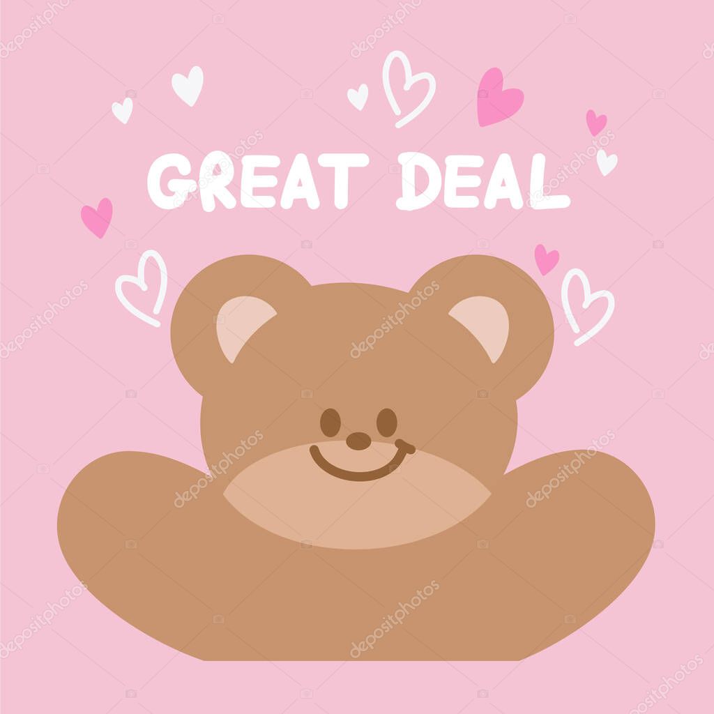 Cute illustration of teddy bear, GREAT DEAL letter, hearts on pastel pink background for online shopping, promotion, banner, special price, discount, campaign, ad template, wallpaper, poster, backdrop