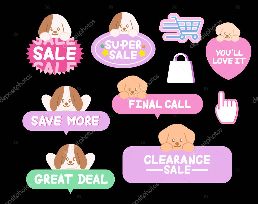 Cute puppy sale icons such as super sale, clearance sale, great deal for online shopping, promotion, sticker, banner, discount, web button, campaign badge, brochure, price tag, animal, pet shop, dogs